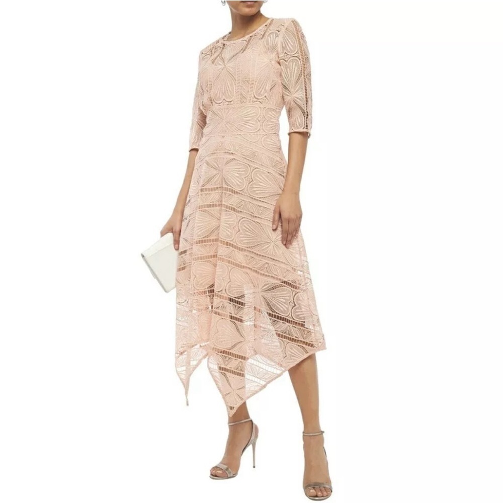 MAJE Ripaz guipure lace midi hanky hem career cocktail dress in rose Size 1 (S)